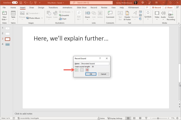 Previewing recorded audio in PowerPoint