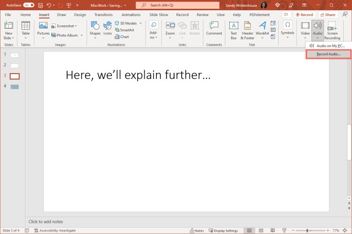 Accessing the Record Audio option in PowerPoint