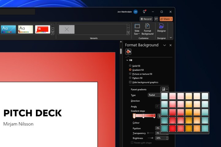 Customizing a gradient fill for the PowerPoint background.