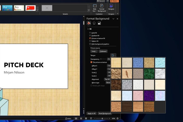 Choosing a texture fill for the PowerPoint background.