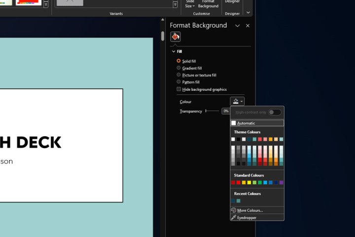 Selecting a solid fill color for the PowerPoint background.