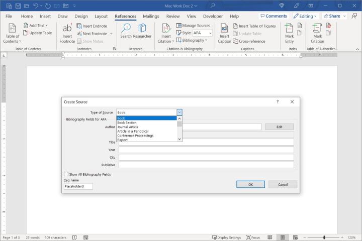 Screenshot of the box to add a new source and citation in Word.