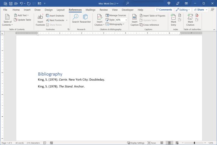 Screenshot of a bibliography in Word.