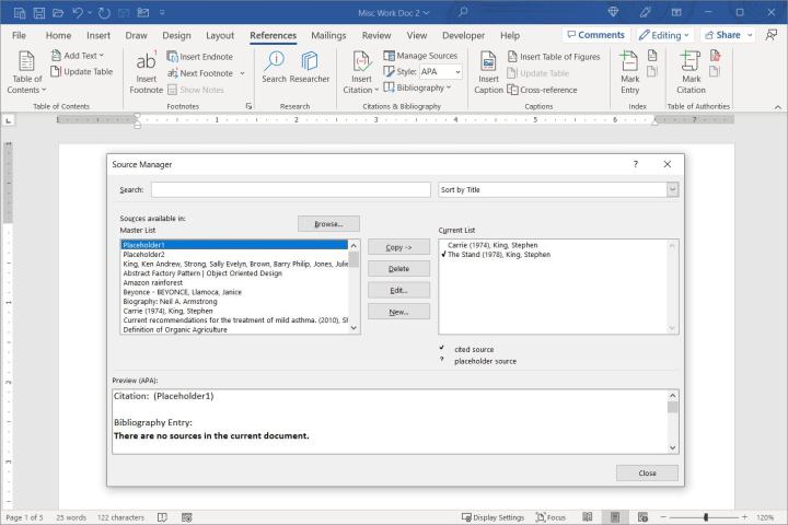 Screenshot of the Source Manager in Word.