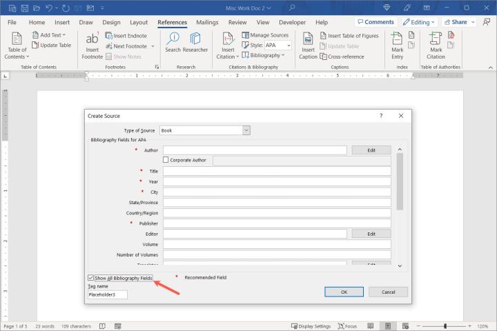 Screenshot showing the Show All Bibliography Fields option marked in Word.