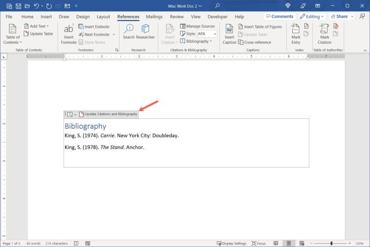 Screenshot of the Update button for a bibliography in Word.