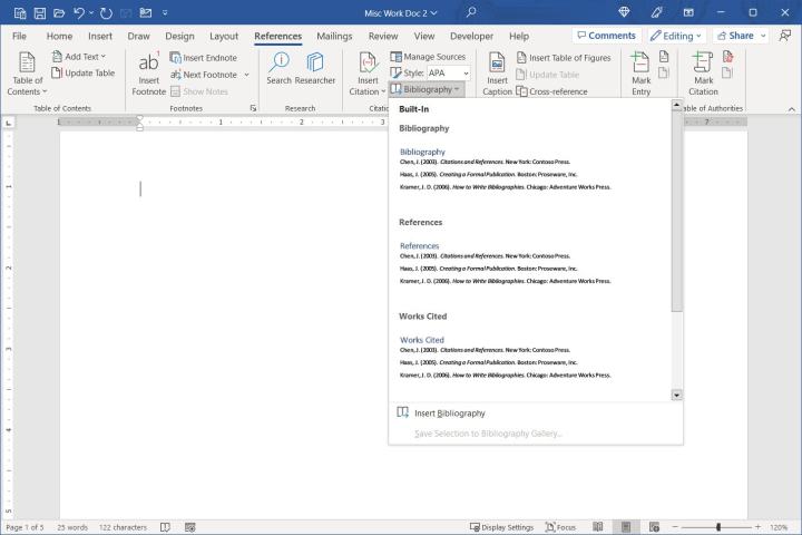 Screenshot of the Bibliography drop-down menu in Word.