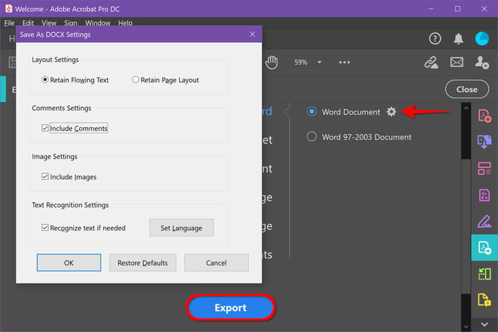 Acrobat Export Settings.