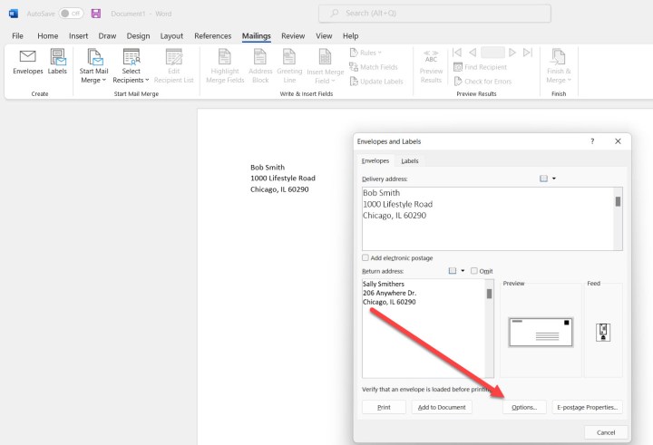 A screenshot of the Envelopes and Labels dialog box with the Options button highlighted.  Alt: Accessing envelope and label options in Microsoft Word.