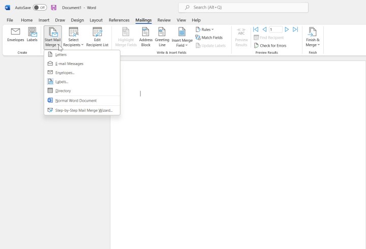 The Start Mail Merge dropdown menu in Word. Alt: Starting the mail merge process for labels in Word.