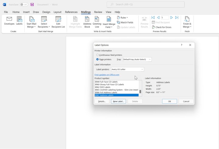 A screenshot of the Label Options dialog box during a mail merge. Alt: Configuring label options for a mail merge in Word.