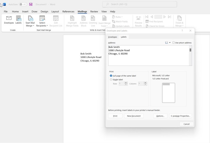 A screenshot of the Mailings tab with the Labels option selected. Alt: Accessing the Labels option in Microsoft Word.