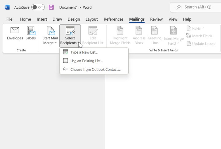 A screenshot of the Start Mail Merge options in Word. Alt: Selecting recipients for mail merge in Word.