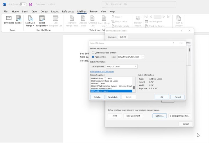 A screenshot of the Label Options dialog box in Word. Alt: Configuring label options in Word, including label vendor and product number.