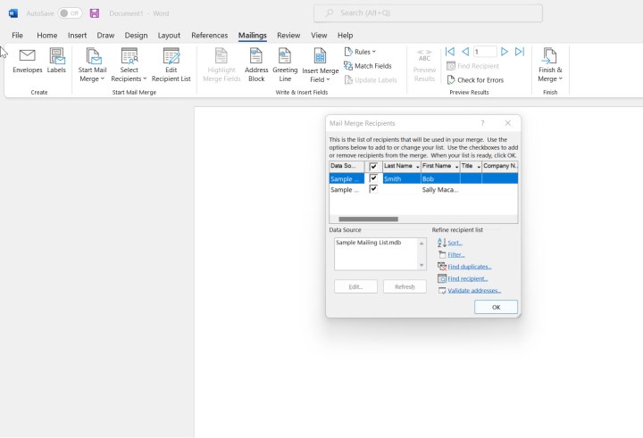 A screenshot of the Mail Merge Recipients dialog box in Word. Alt: Editing the recipient list for a mail merge.