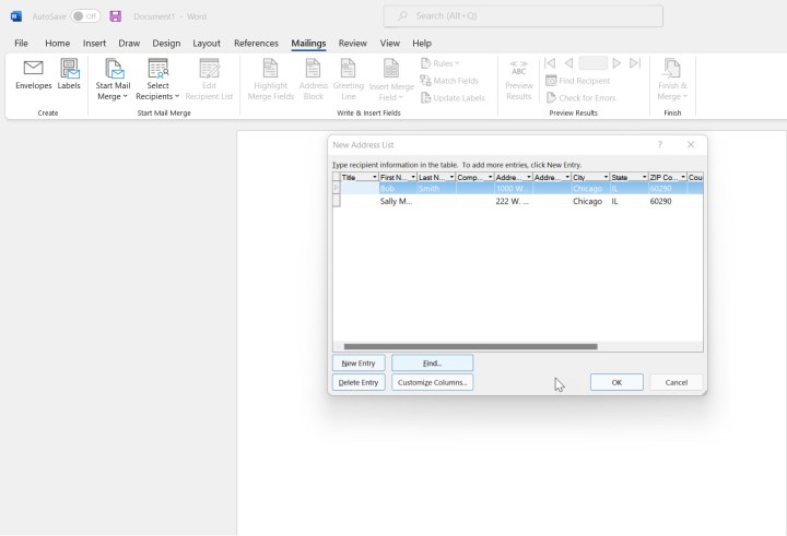 A screenshot of the New Address List dialog box in Word. Alt: Creating a new address list for mail merge.