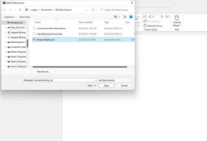 A screenshot of the Open Data Source dialog box in Word. Alt: Opening an existing data source for mail merge in Word.