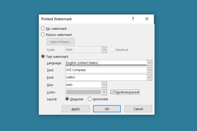 Text watermark settings in Word.