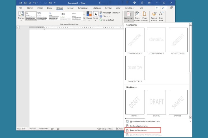 Remove Watermark in the Watermark menu in Word.