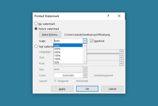 Scale settings for an image watermark.