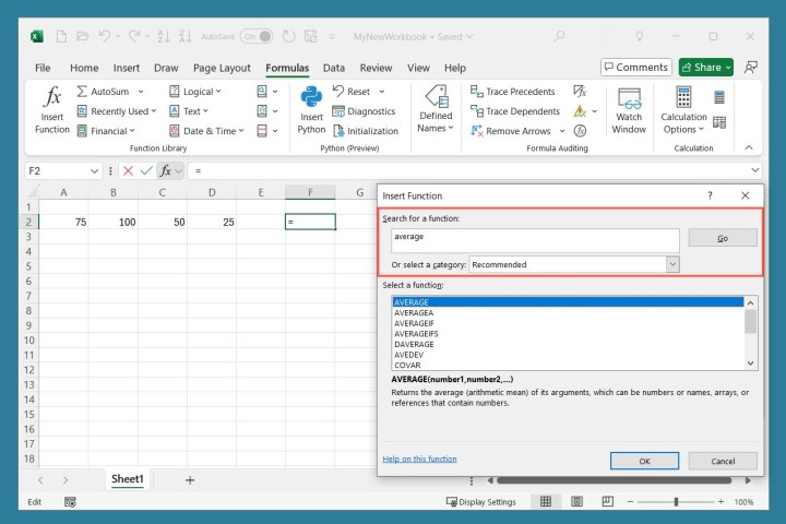 Function description in Excel.