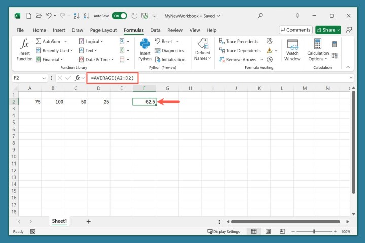 Function and formula entered in Excel.