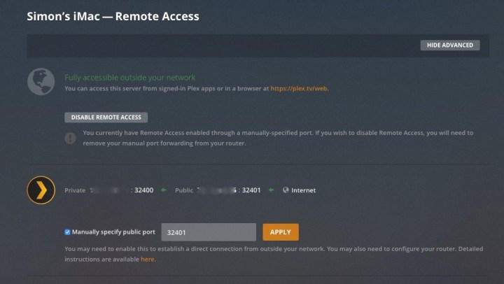 Plex Remote Access setup screen.