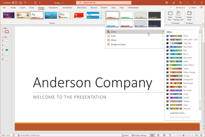 Color schemes for a theme in PowerPoint.