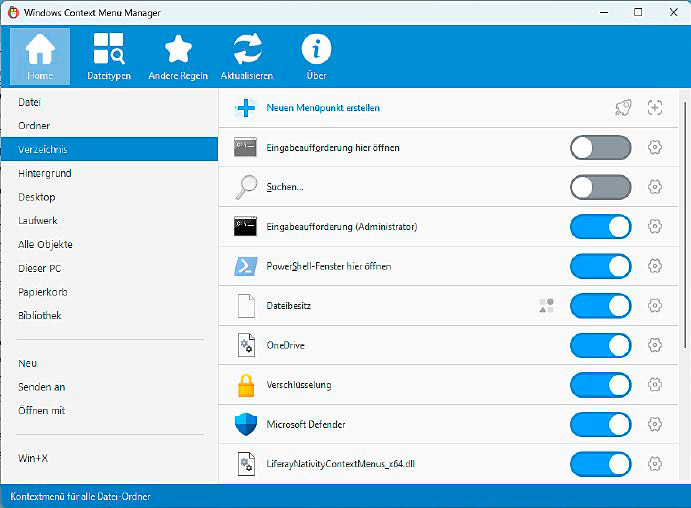 Edit context menu: With Context Menu Manager, you can hide and add entries to the Windows Explorer and Desktop context menus.