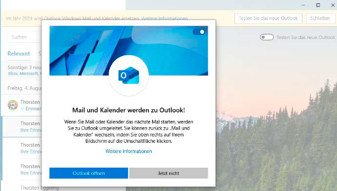 Forced switch: Users of the “Mail and Calendar” app are prompted to switch to Outlook, a transition that's difficult to avoid.