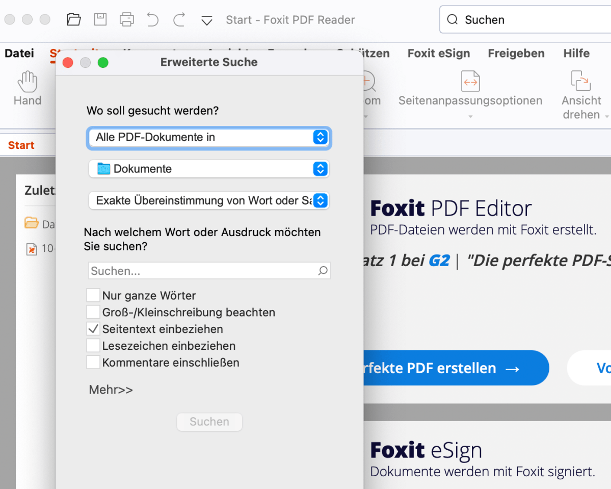 Advanced search settings in Foxit PDF Reader