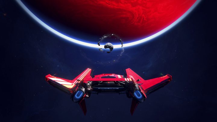 A ship flying near a big red planet in Intergalactic: The Heretic Prophet.