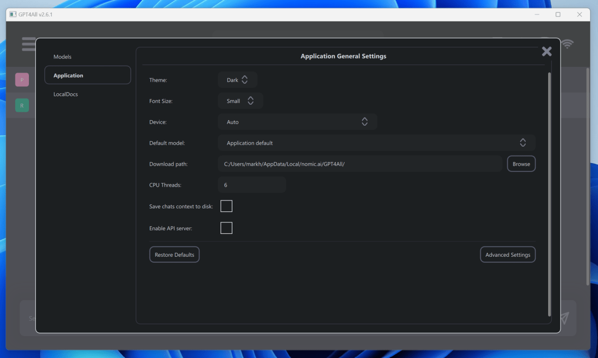 GPT4All LLM AI chatbot settings