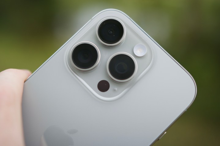 Close-up of iPhone 16 Pro camera.