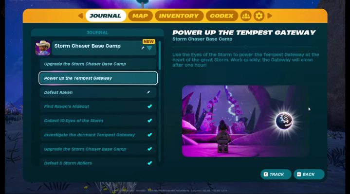 A quest log in Lego Fortnite Odyssey.