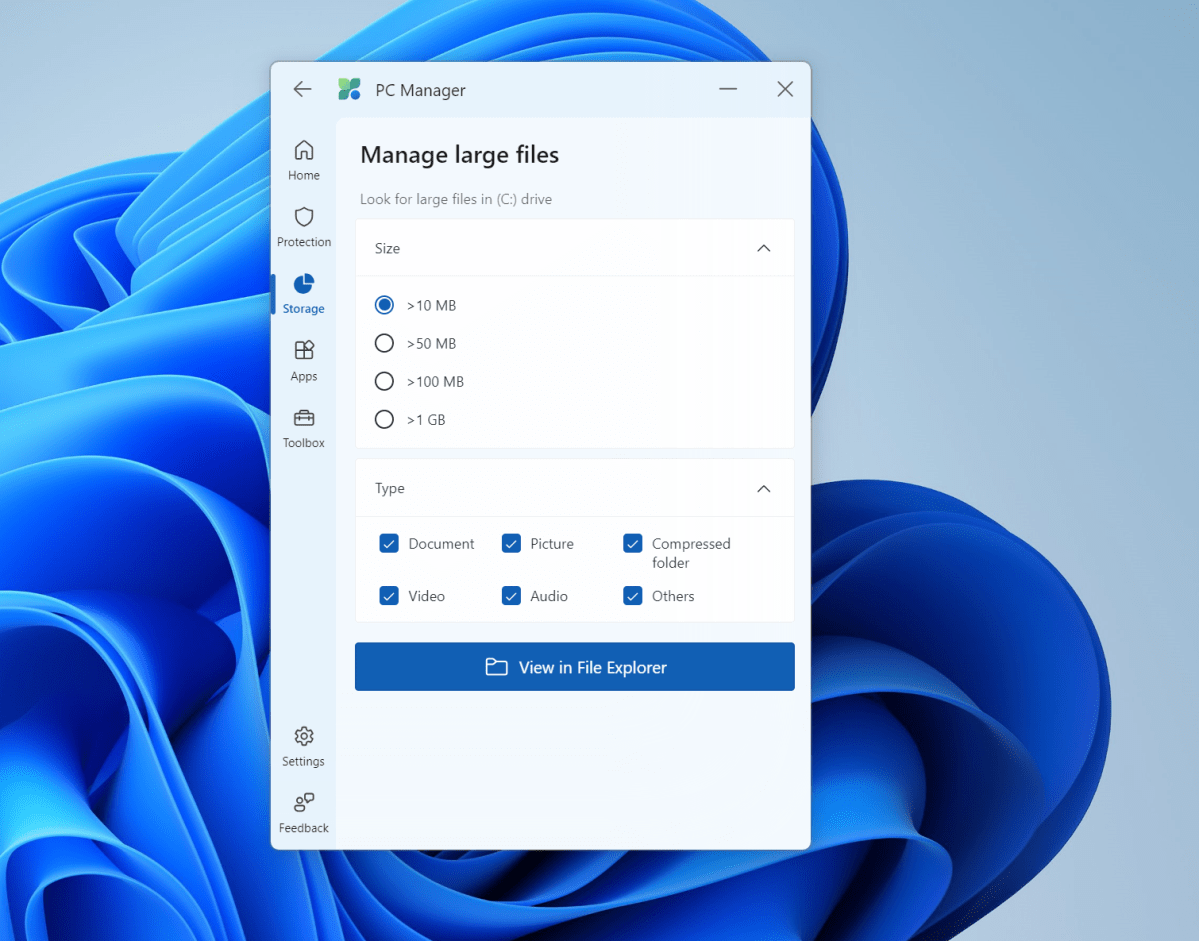 Microsoft PC Manager Manage large files