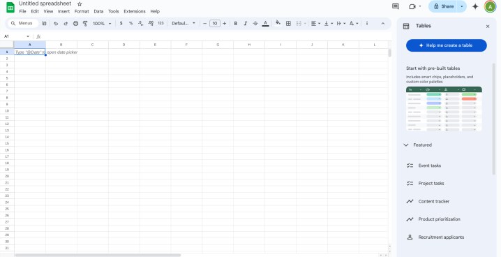 alt: A blank Google Sheet with the Gemini AI sidebar open, ready for user input.