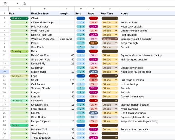 alt: A Google Sheet listing calisthenics exercises, organized and formatted by Gemini AI.