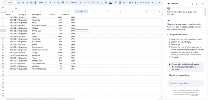 alt: A Google Sheet displaying a personal budget, demonstrating Gemini's ability to analyze financial data.