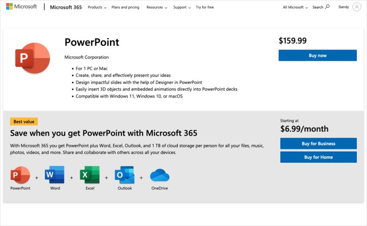 alt: Screenshot of the Microsoft PowerPoint purchase page.