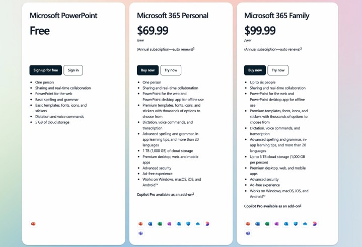 alt: Overview of Microsoft 365 plans and pricing including PowerPoint.