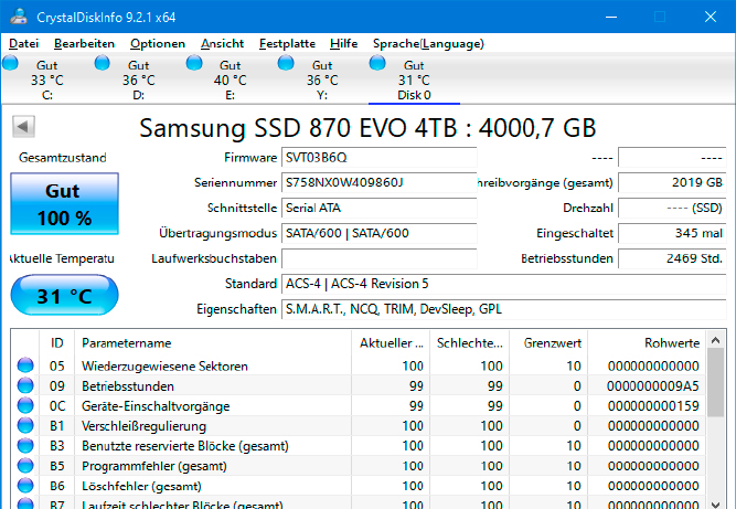 Drives under control: Crystal Disk Info provides data on the status of hard disks and SSDs. You can be warned of critical values.