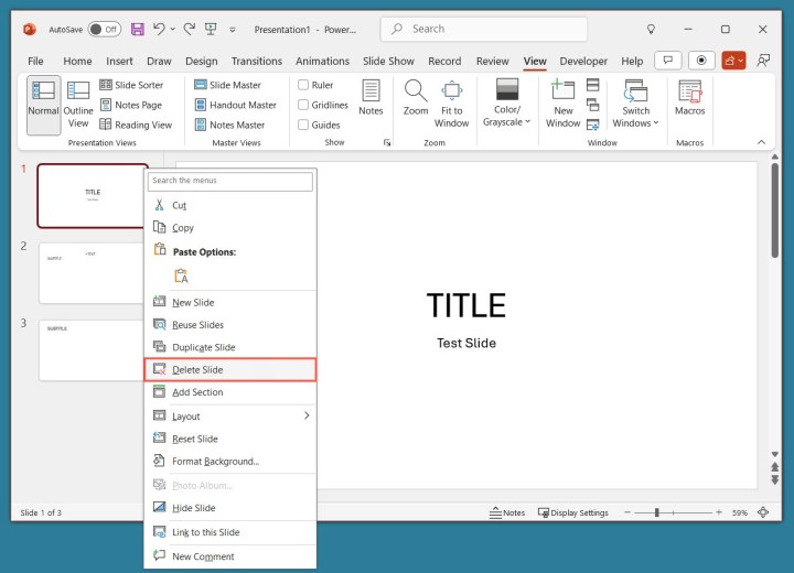 Delete Slide in the PowerPoint menu.