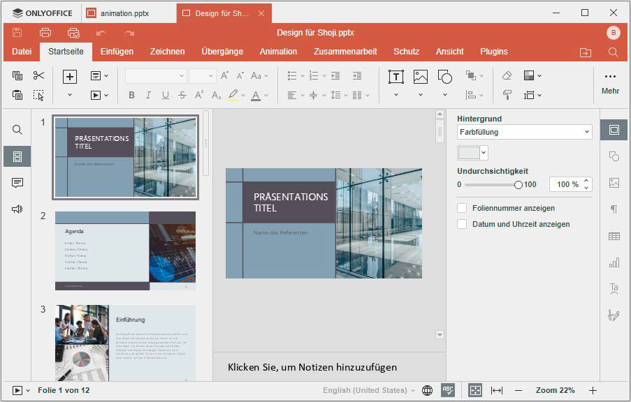 Microsoft PowerPoint templates can be used very easily in the open source solution and customized for your own presentation.