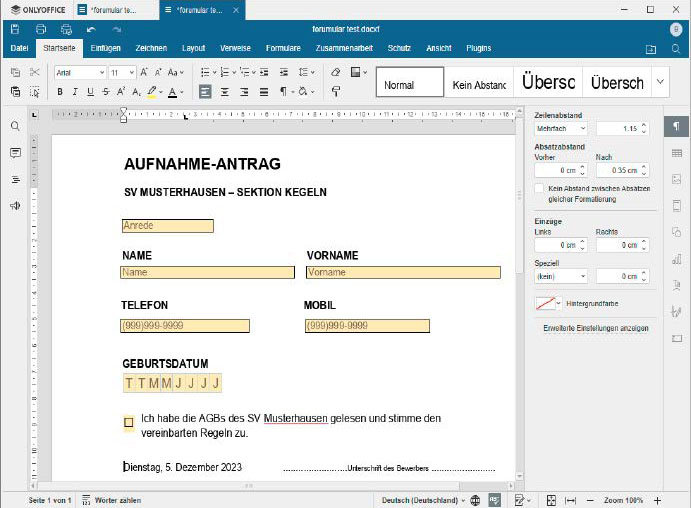 Designing forms is easy with Only Office and offers many options. The finished templates can be used online or exported as a PDF.