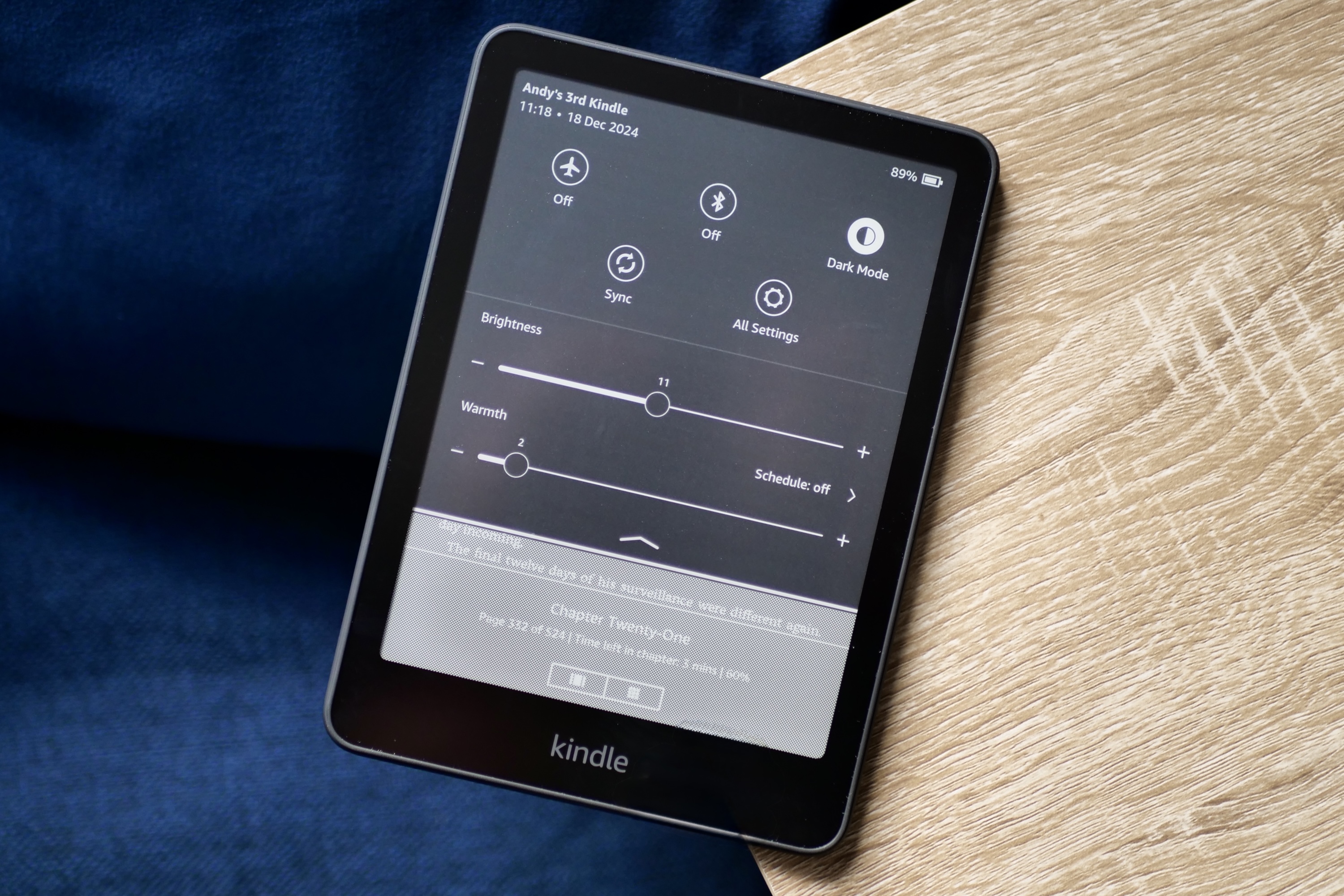 The Amazon Kindle Paperwhite 2024 with Dark Mode active.