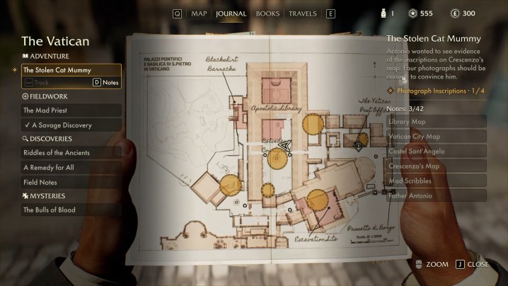 alt text: A map of Vatican City in Indiana Jones and the Great Circle showing the general locations of the strange inscriptions.