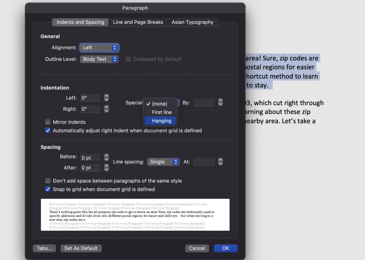 Hanging Indent settings in Word for macOS.