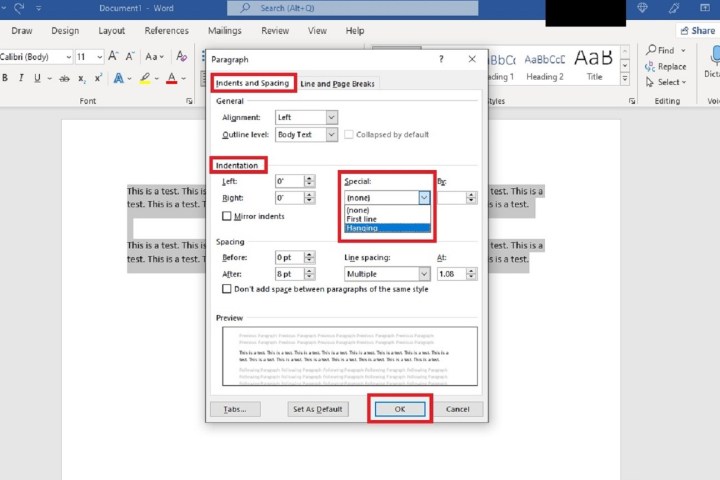 The Paragraph dialog box in Microsoft Word showing Indentation settings.