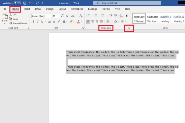 The Paragraph dialog box launcher in Microsoft Word's Home tab.